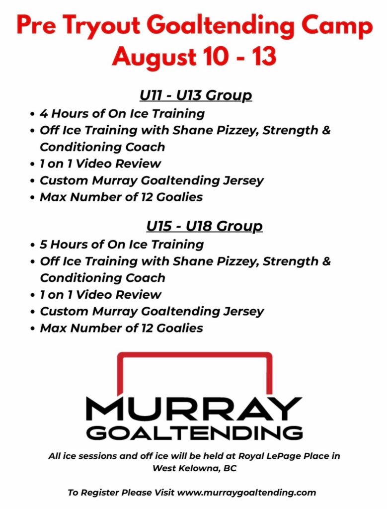 Murray Goaltending coach demonstrating post‑integration technique to promote upcoming development camps.